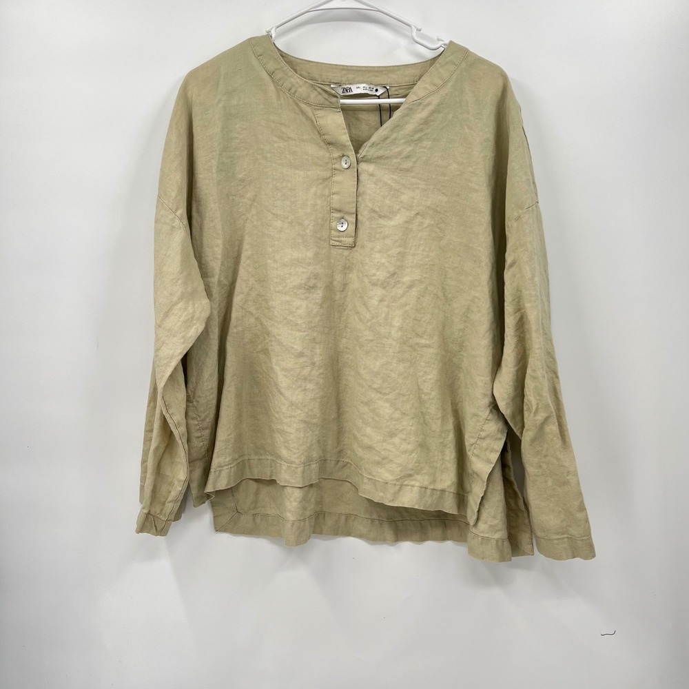 Zara Large Linen Tunic Top Womens Khaki Beige Oversized Henley Split Hem